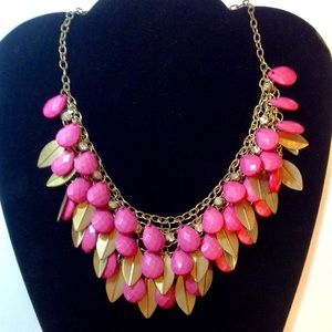Multi Layered Necklace Pink Gold Clear Rhinestones